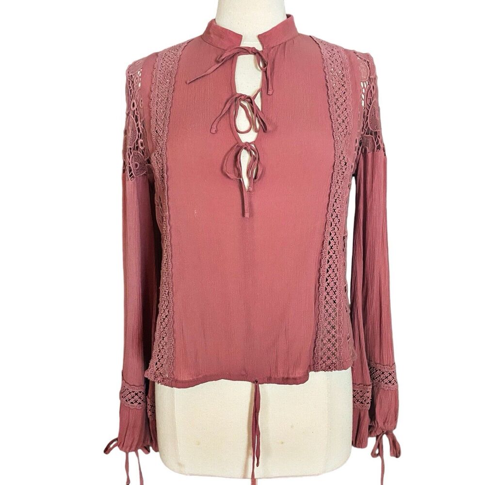 Tularosa Farrah Blouse Bohemian Lace Sz XS 20"B Mauve Peasant Balloon Sleeves